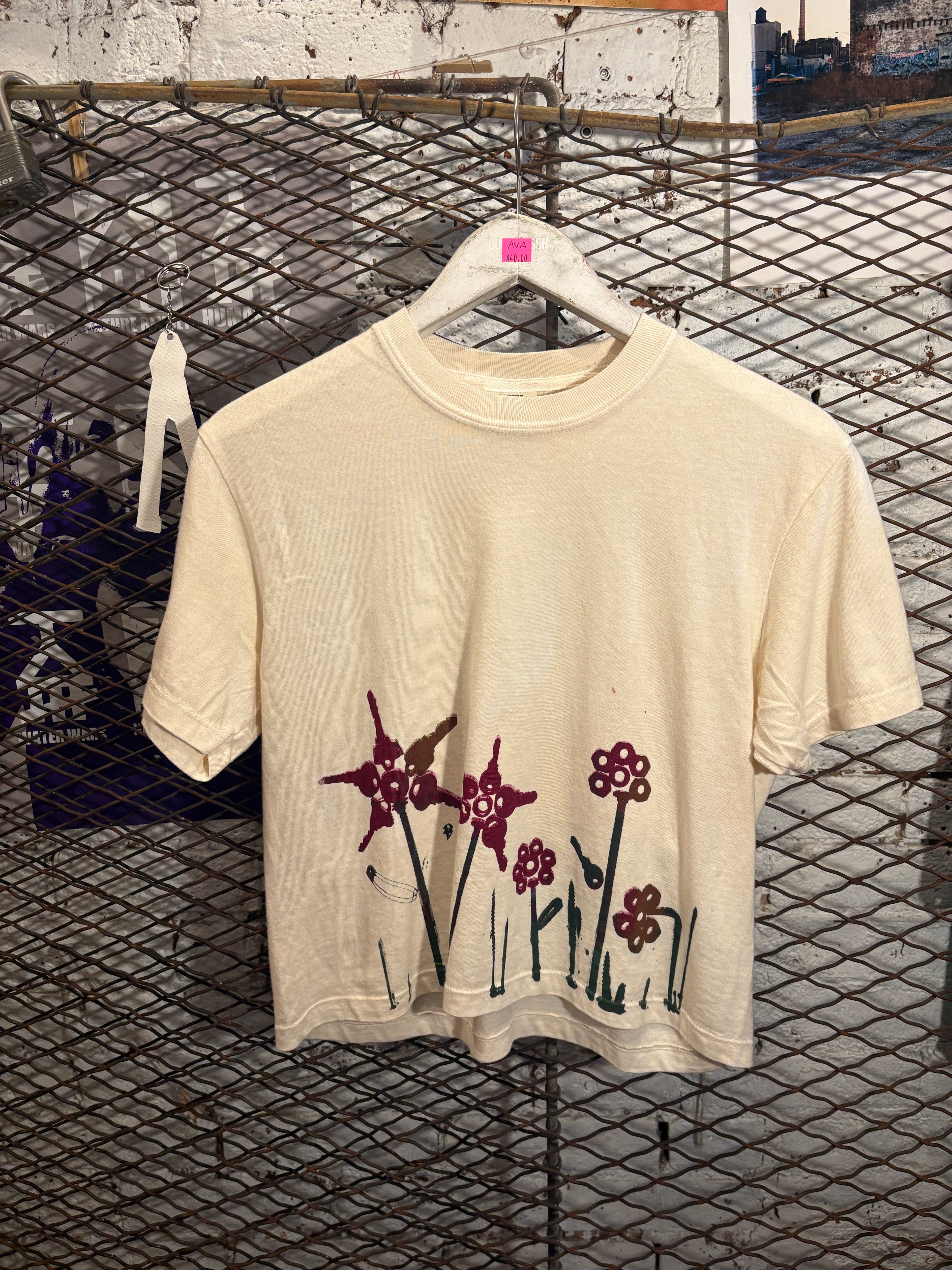 Cream Boxy Shirt with Industrial Flowers (Size S)